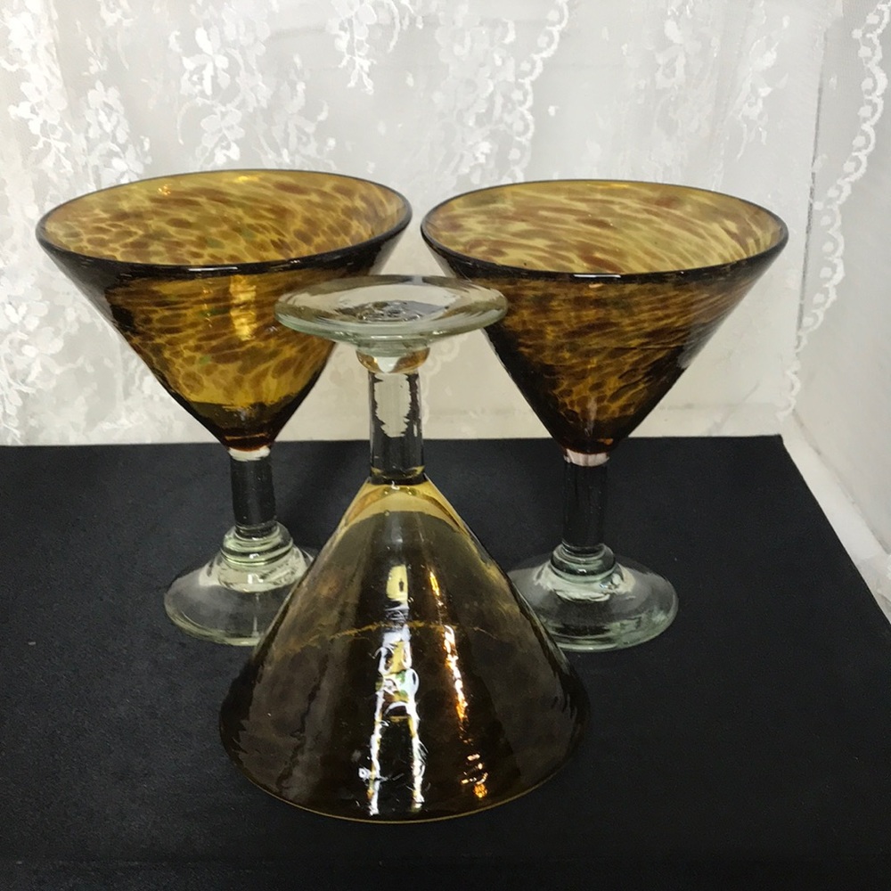 Set of 3 Handblown Art Glass Margarita Glasses